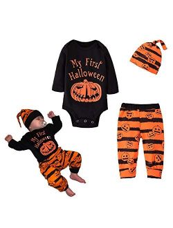 Newborn Baby Boy Clothes My First Halloween Outfits Infant Boy's Pumpkin Bodysuit 3Pcs Outfit Pants Set