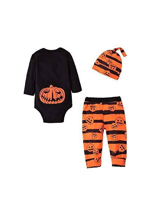 Newborn Baby Boy Clothes My First Halloween Outfits Infant Boy's Pumpkin Bodysuit 3Pcs Outfit Pants Set