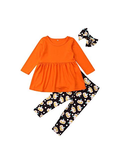 Toddler Baby Girls Halloween Outfits Ruffles Long Sleeve Top Pumpkin Legging Flare Pants 2pcs Clothes Set