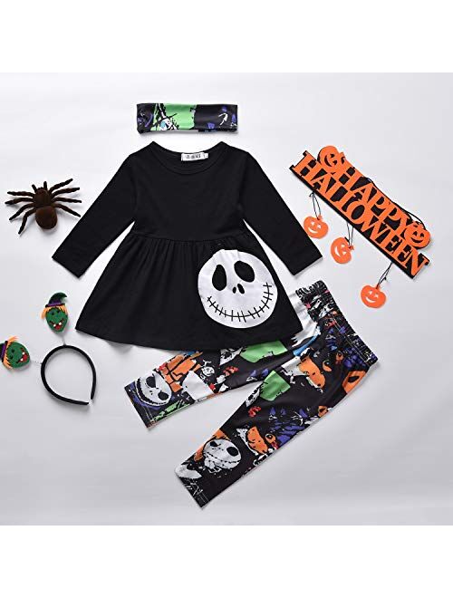 3PCS Baby Girls Halloween Outfits Skull Tops Ghost Leggings Pants with Csarf Hat Clothes Set