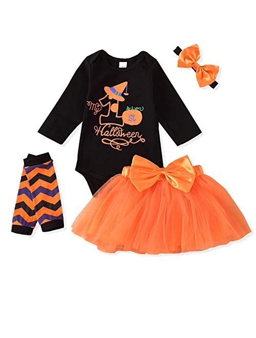4Pcs Baby Girls My 1st Halloween Outfits Pumpkin Print Romper+Bow Tutu Dress+Warmers Leggings+Headband Skirt Set