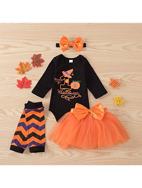 4Pcs Baby Girls My 1st Halloween Outfits Pumpkin Print Romper+Bow Tutu Dress+Warmers Leggings+Headband Skirt Set