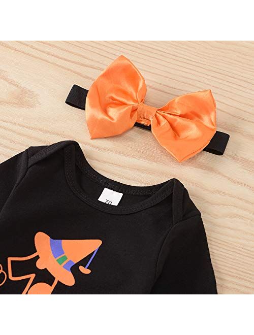 4Pcs Baby Girls My 1st Halloween Outfits Pumpkin Print Romper+Bow Tutu Dress+Warmers Leggings+Headband Skirt Set