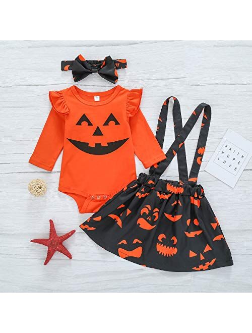 Toddler Baby Girls Halloween Outfit Pumpkin Plaid Ruffles Sleeve Shirt Tops Suspender Skirt Clothes Set