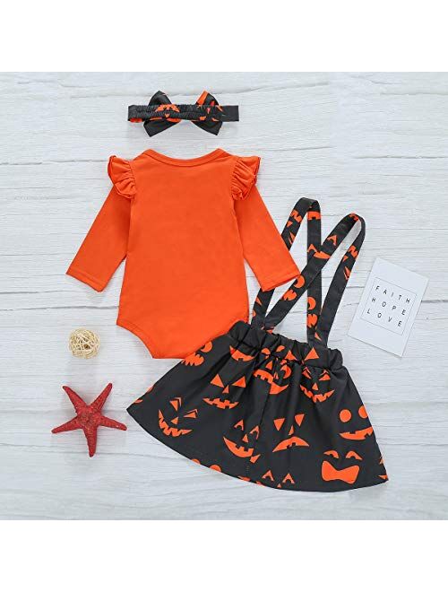 Toddler Baby Girls Halloween Outfit Pumpkin Plaid Ruffles Sleeve Shirt Tops Suspender Skirt Clothes Set