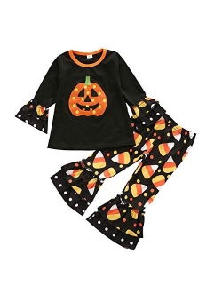 Toddler Baby Girl Halloween Outfits Pumpkin Long Sleeve Top+Stripe Flared Pants 2PCs Fall Clothes Set