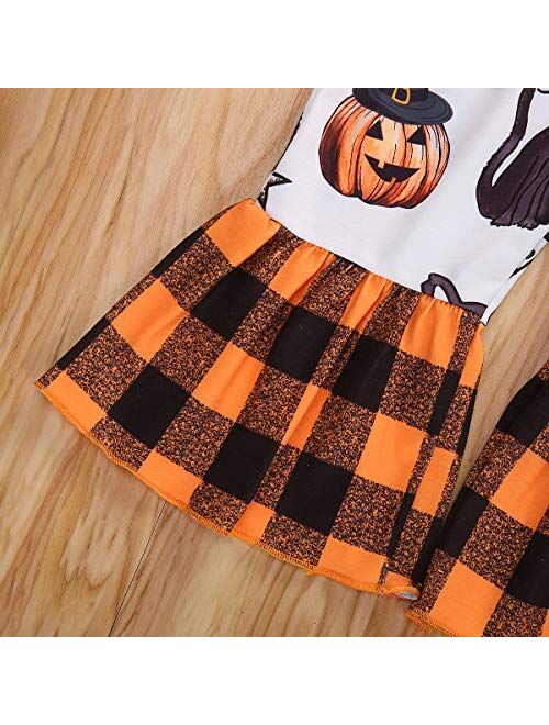Toddler Baby Girl Halloween Outfits Pumpkin Long Sleeve Top+Stripe Flared Pants 2PCs Fall Clothes Set