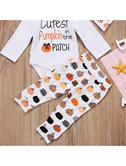 Infant Baby Girl Boy Halloween Clothes Letter Print Romper Top Pumpkin Long Pants with Headband 3Pcs Outfits 0-24M