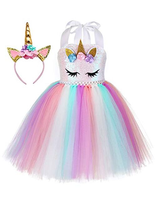 Tutu Dreams Sequin Unicorn Costume for Girls 1-10Y with Headband Birthday Party Gifts Halloween