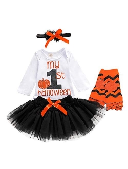 4Pcs Baby Girls My 1st Halloween Thanksgiving Outfits Pumpkin Print Romper+Bow Tutu Dress+Headband+Leg Warmers Skirt Set