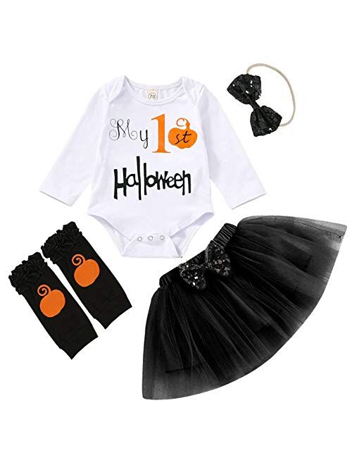 4Pcs Baby Girls My 1st Halloween Thanksgiving Outfits Pumpkin Print Romper+Bow Tutu Dress+Headband+Leg Warmers Skirt Set