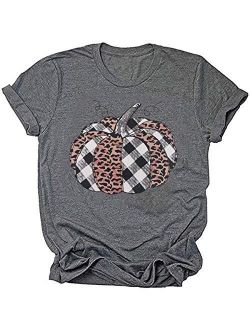Woffccrd Womens Funny Leopard Pumpkin Printed Shirts Halloween Short Sleeve Graphic Tees Fall T-Shirts Tops