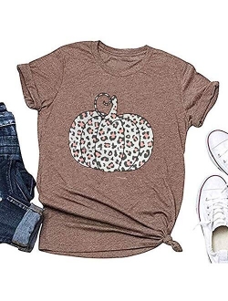 Woffccrd Womens Funny Leopard Pumpkin Printed Shirts Halloween Short Sleeve Graphic Tees Fall T-Shirts Tops