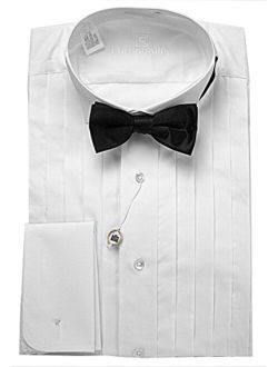 Fumagalli's Men's 100% Cotton Wing Collar, French Cuff, Tuxedo Shirt with Bow-Tie