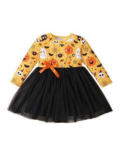 Baby Girls Halloween Outfit Pumpkin Skull Pattern Long Sleeve Knee Length Tulle Layered Dress Summer Autumn Party Skirt
