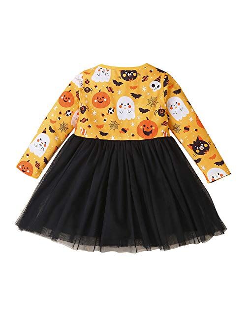 Baby Girls Halloween Outfit Pumpkin Skull Pattern Long Sleeve Knee Length Tulle Layered Dress Summer Autumn Party Skirt