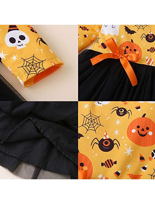 Baby Girls Halloween Outfit Pumpkin Skull Pattern Long Sleeve Knee Length Tulle Layered Dress Summer Autumn Party Skirt