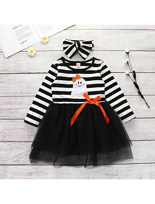Toddler Kids Girl Halloween Outfit Long Sleeve Pumpkin Striped Tulle Dress Skirts with Headband Clothes Set