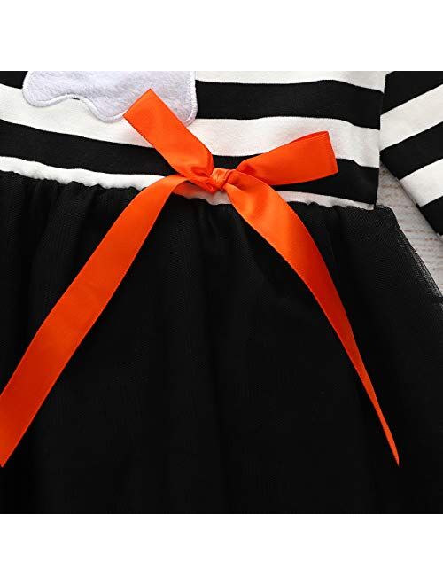 Toddler Kids Girl Halloween Outfit Long Sleeve Pumpkin Striped Tulle Dress Skirts with Headband Clothes Set