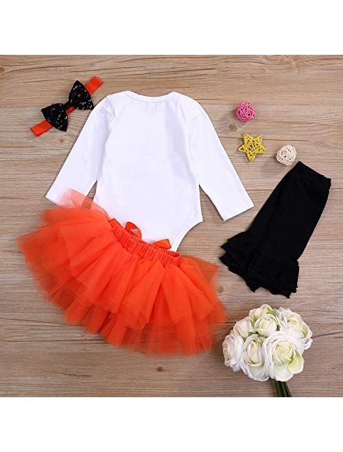 Baby Girl My 1st Halloween Outfits Long Sleeve Pumpkin Romper+Tutu Skirt+Headbands 4PCS Clothes Set