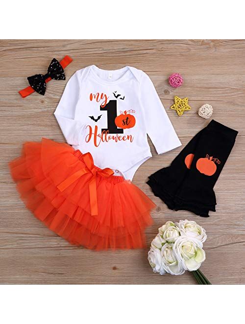 Baby Girl My 1st Halloween Outfits Long Sleeve Pumpkin Romper+Tutu Skirt+Headbands 4PCS Clothes Set