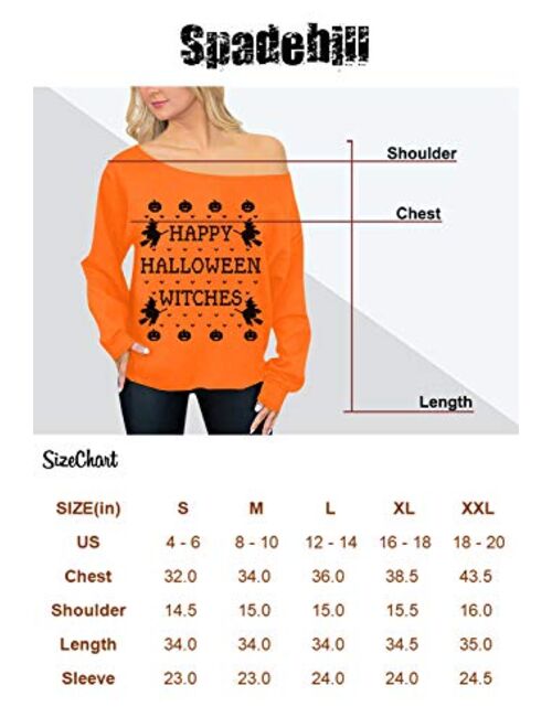 Spadehill Halloween Womens Skeleton Pumpkin Long Sleeve Off Shoulder Tops