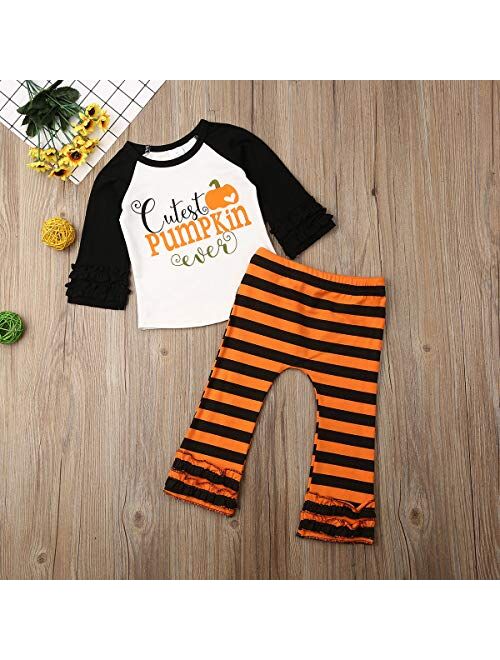 2Pcs Toddler Baby Girl Halloween Clothes Pumpkin Unicorn Long Sleeve Tops Striped Legging Pants Pajama Set