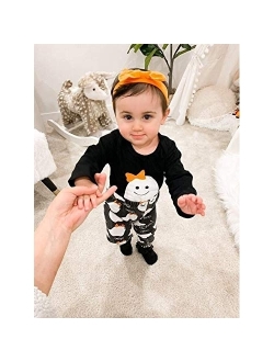 Newborn Baby Girl Halloween Outfit Boo Romper Bodysuit and Ghost Pants with Orange Headband 3PCS Clothes Set