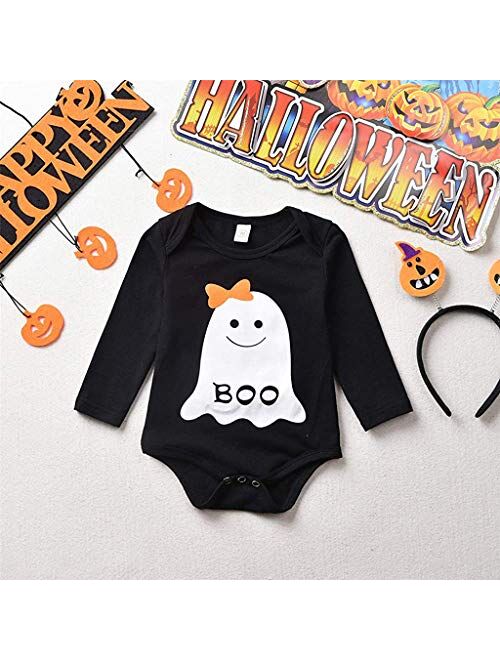 Newborn Baby Girl Halloween Outfit Boo Romper Bodysuit and Ghost Pants with Orange Headband 3PCS Clothes Set