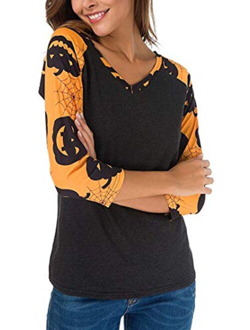 Roshop Women's Long Sleeve V Neck Loose Shirt Floral Printed Raglan Top Shir