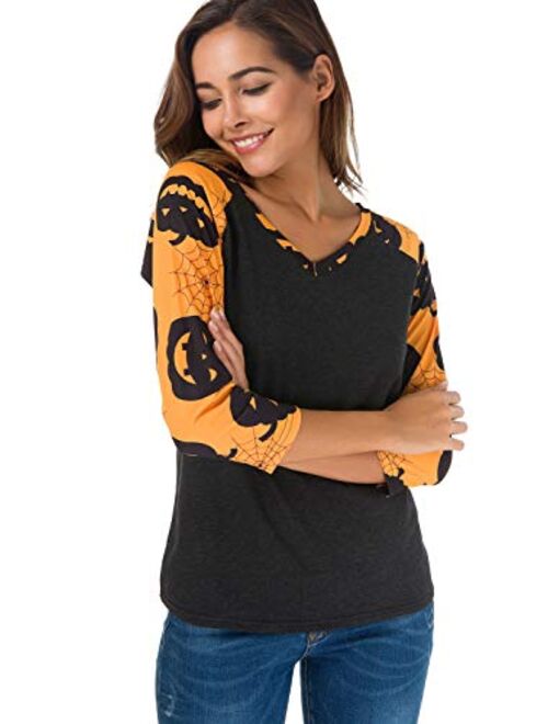 Roshop Women's Long Sleeve V Neck Loose Shirt Floral Printed Raglan Top Shir