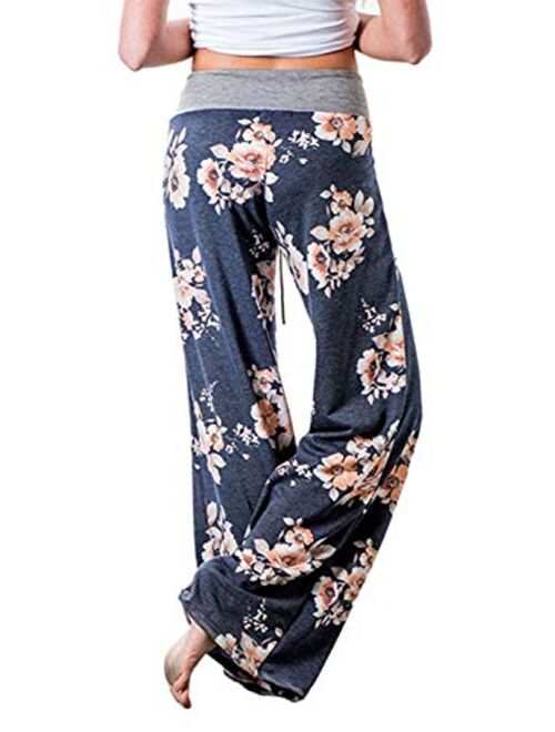 WFTBDREAM Women's Floral Printed High Waist Drawstring Wide Leg Palazzo Lounge Pants