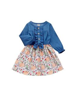 Infant Toddler Baby Girls Halloween Dress Ruffled Button Pumpkin Printed Bowknot Long Sleeve Denim Fall Skirt