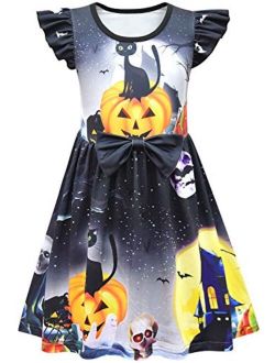 Sumeca Toddler Girls Flutter Sleeve Pumpkin Halloween Dress Swing Party Wear