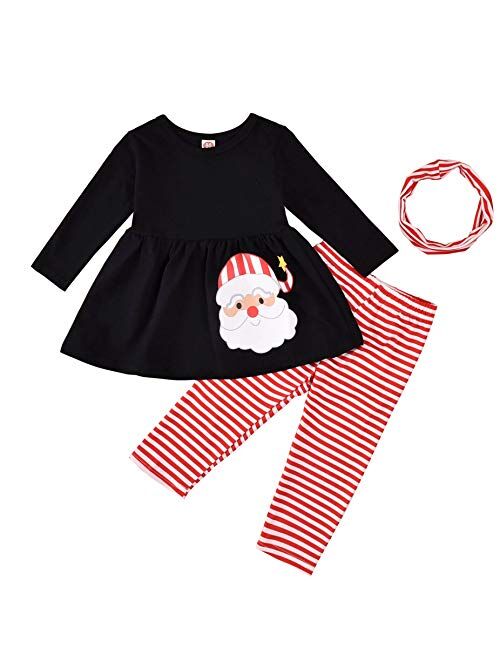 Toddler Kids Baby Girls Christmas Outfit Santa Print Shirts Tops Dress Pants Leggings Headband Halloween Clothes Set