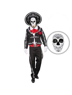 Mens Day of The Dead Mariachi Senor Adult Costume Set Halloween Dress Up Party, Dia de Los Muertos