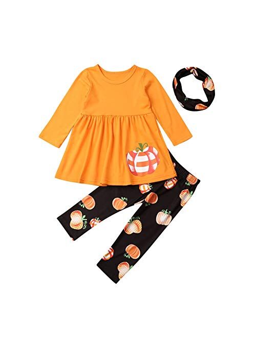 Toddler Baby Girls Halloween Outfit Long Sleeve Tassels Tunic Pumpkin Dress Top Legging Ghost Pants 2pcs Clothes