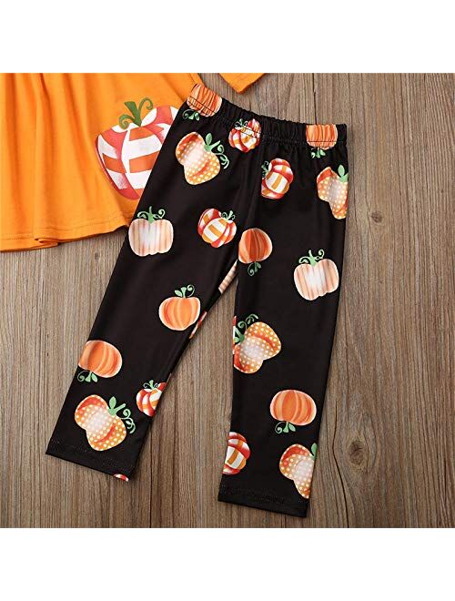 Toddler Baby Girls Halloween Outfit Long Sleeve Tassels Tunic Pumpkin Dress Top Legging Ghost Pants 2pcs Clothes