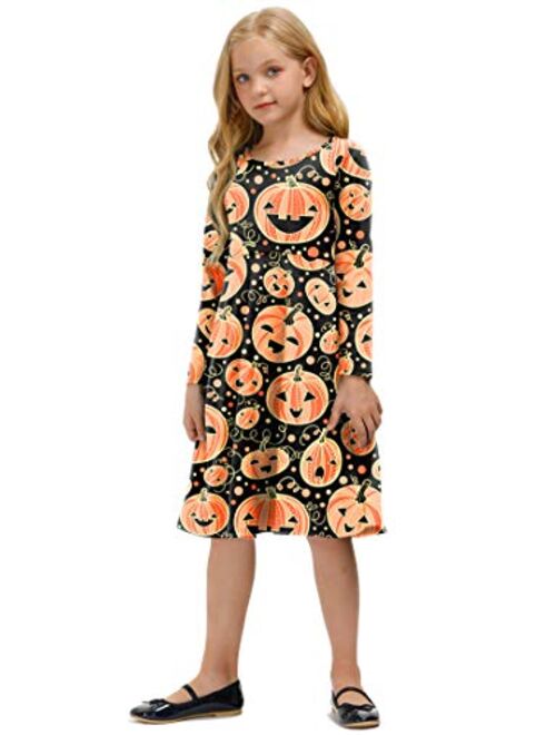 BesserBay Girl's Halloween Print Pumpkin Swing Midi Dress 3-12 Years