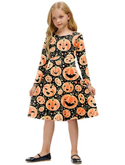 BesserBay Girl's Halloween Print Pumpkin Swing Midi Dress 3-12 Years