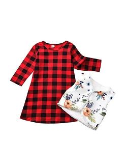 Fioukiay Toddler Girls Christmas Outfits 2PC Kids Black & Red Plaid Dress and Reversible Vest Clothes Set
