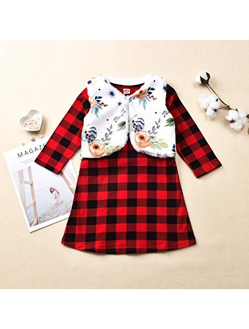 Fioukiay Toddler Girls Christmas Outfits 2PC Kids Black & Red Plaid Dress and Reversible Vest Clothes Set