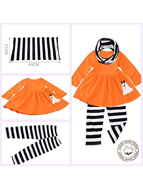 Baby Girls Halloween Clothes 3PCs Toddler Girl Kids Outfits Set Ruffle Dress Long Sleeve Tops Pants with Scarf