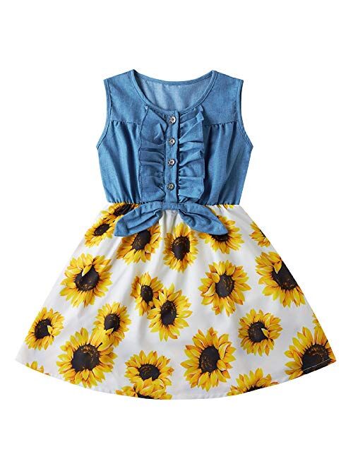 Enlifety Little Girls Princess Dresses Sleeveless Denim Tops Sundress Floral Print Tutu Skirts One-PieceOutfit 2-8T