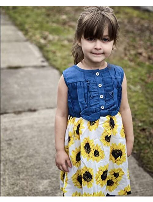 Enlifety Little Girls Princess Dresses Sleeveless Denim Tops Sundress Floral Print Tutu Skirts One-PieceOutfit 2-8T