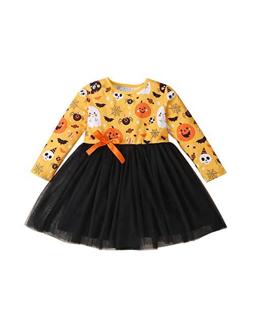 Bagilaanoe Toddler Kids Baby Girls Halloween Clothes Long Sleeve Dress Striped Ghost Tutu SkirtHalloween Dress Outfit