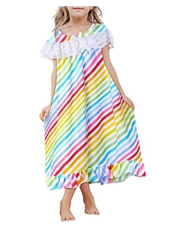 uideazone Girls Nightgowns Lace Printed Pajamas Dress Sleepwear Cute Princess Nightshirt Nightdress 4-12 Years