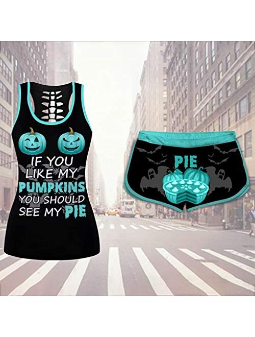 ZEFOTIM Women 2PC Halloween Outfits, Funny Loose Shirt Skinny Short Pants Set