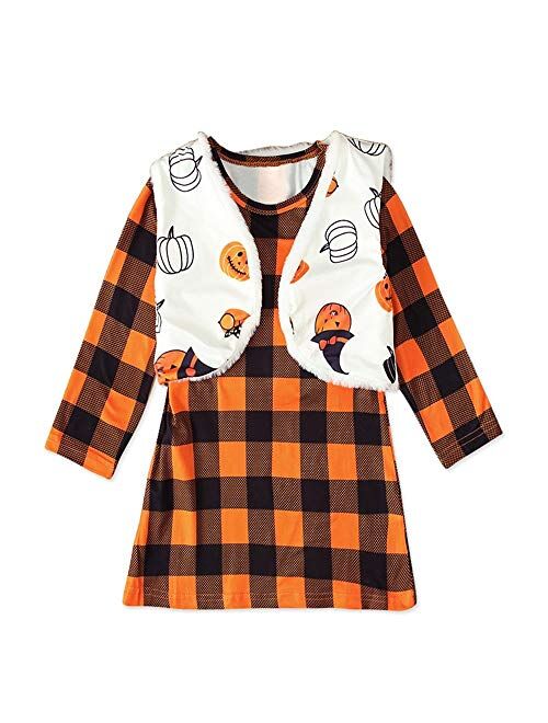 Toddler Baby Girls Halloween Outfits Kids Plaid Long Sleeve Dress Pumpkin Print Vest Clothes 2PC Set