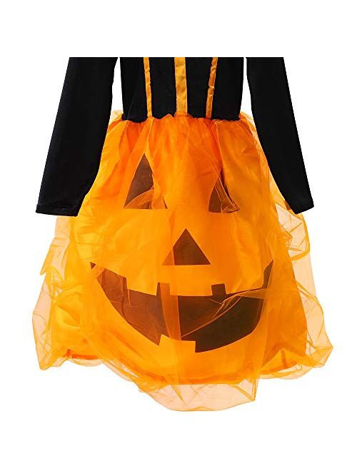 Witch Halloween Costume for Girls Kids, Pumpkin Dress Long Sleeve Cosplay Dress Includes Witch Hat